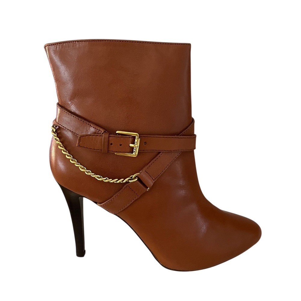 NEW Ralph Lauren Laurie Cognac Leather Chain Ankle Boots Size 7.5 Heels Brown